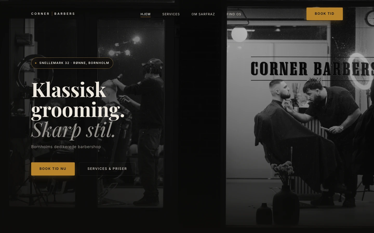 Screenshot af Corner Barbers hjemmeside — sort/hvid barbershop-design